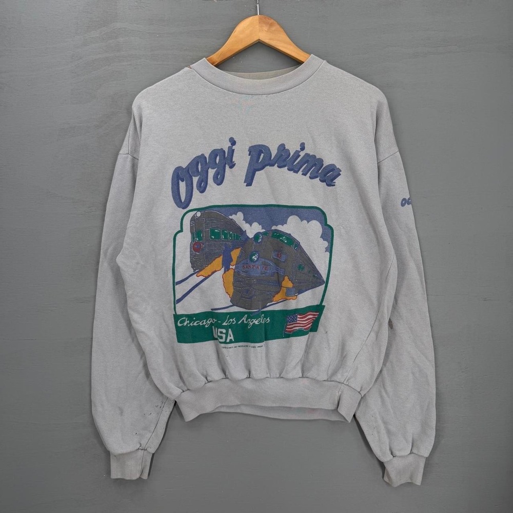 Vintage Oggi Prima Sweatshirt Gray Santa Fe Train Chicago Los Angeles 80s Large